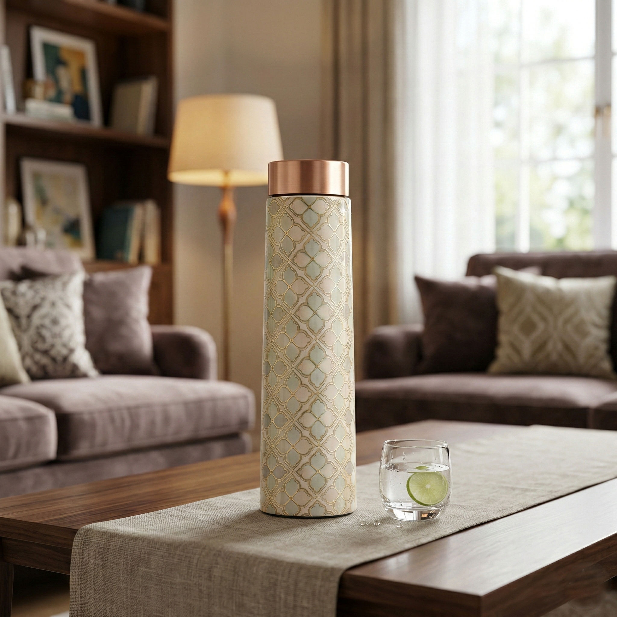 Pure copper water bottle with pyramid shape gold print design blockflower print - 800 ML 127